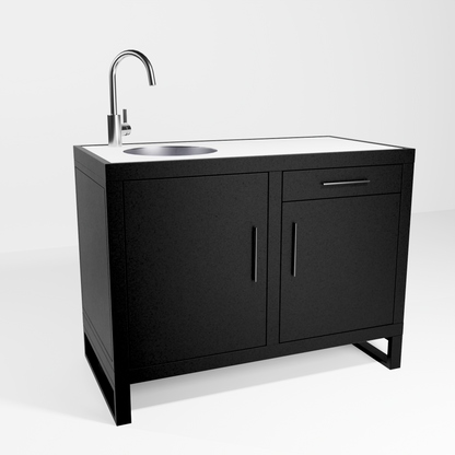 Outdoor Kitchen, double workstation with sink and tap mixer, on pedestal module