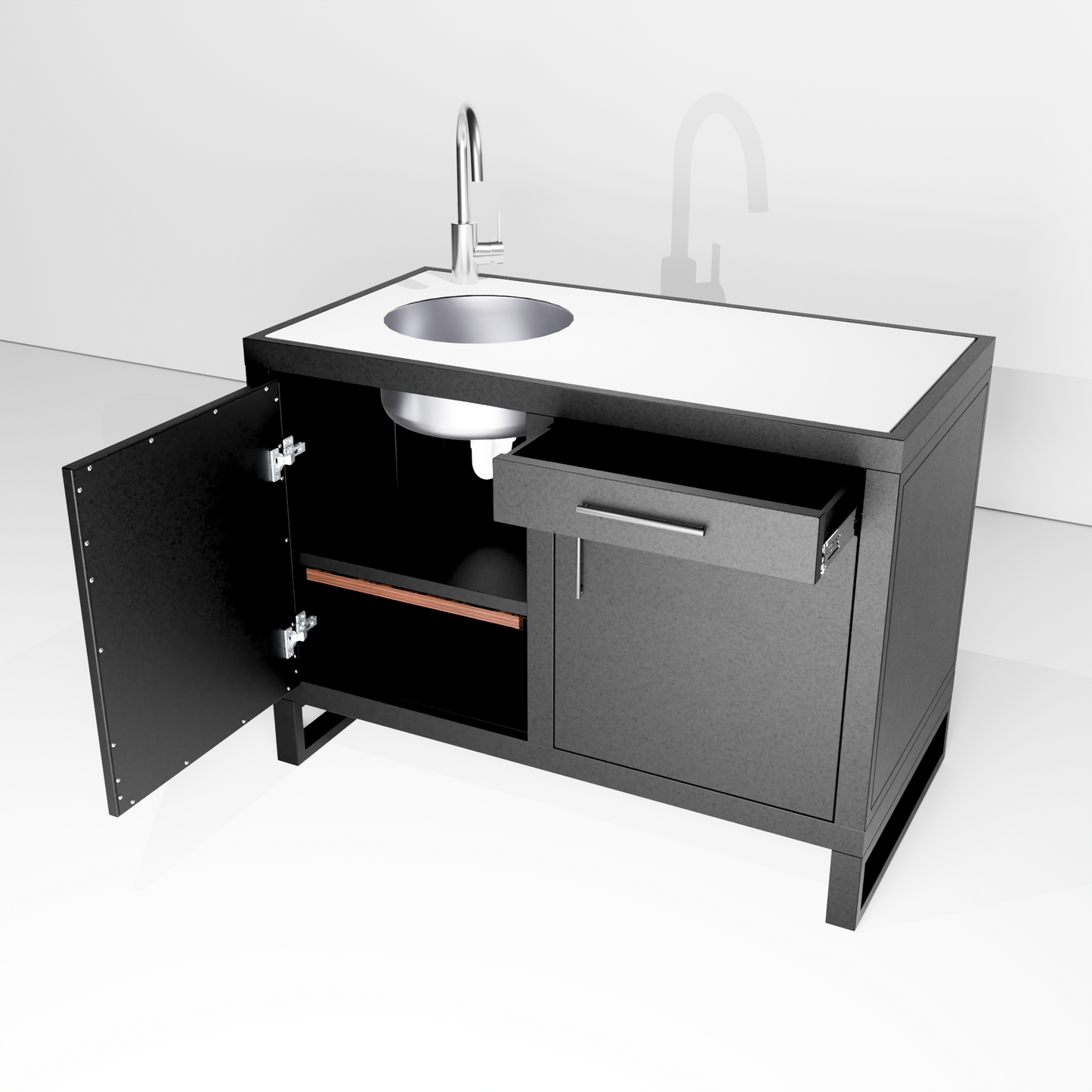 Outdoor Kitchen, double workstation with sink and tap mixer, on pedestal module