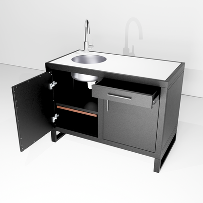 Outdoor Kitchen, double workstation with sink and tap mixer, on pedestal module