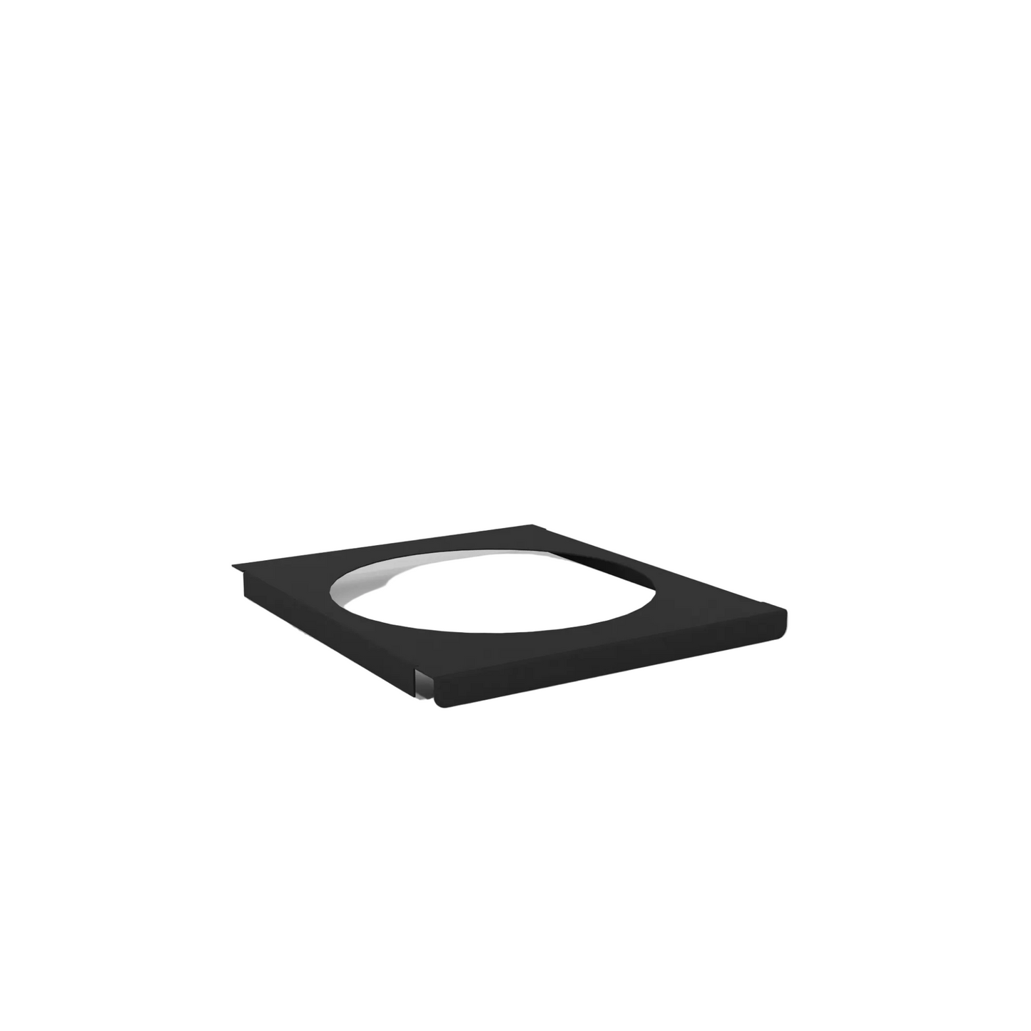 Black square frame with a circular cutout on a gray background