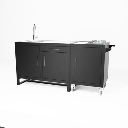 Outdoor Kitchen, Double Sink (Pedestal) + Single Gas Hob (Castors)