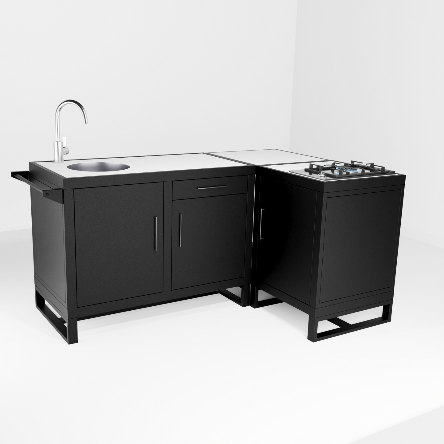Outdoor Kitchen, L-Shape Double Sink + Single Gas Hob (Pedestal) + Sidekick