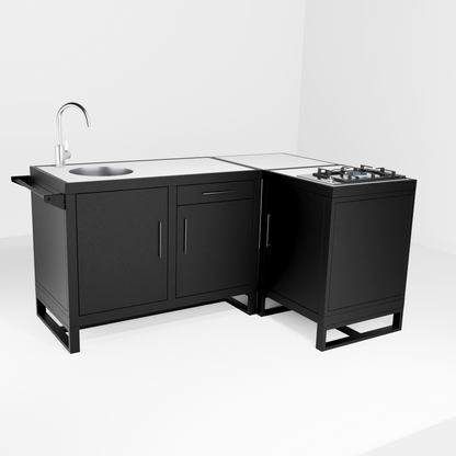 Outdoor Kitchen, L-Shape Double Sink + Single Gas Hob (Pedestal) + Sidekick