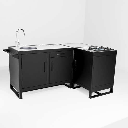 Outdoor Kitchen, L-Shape Double Sink + Single Gas Hob (Pedestal) + Sidekick
