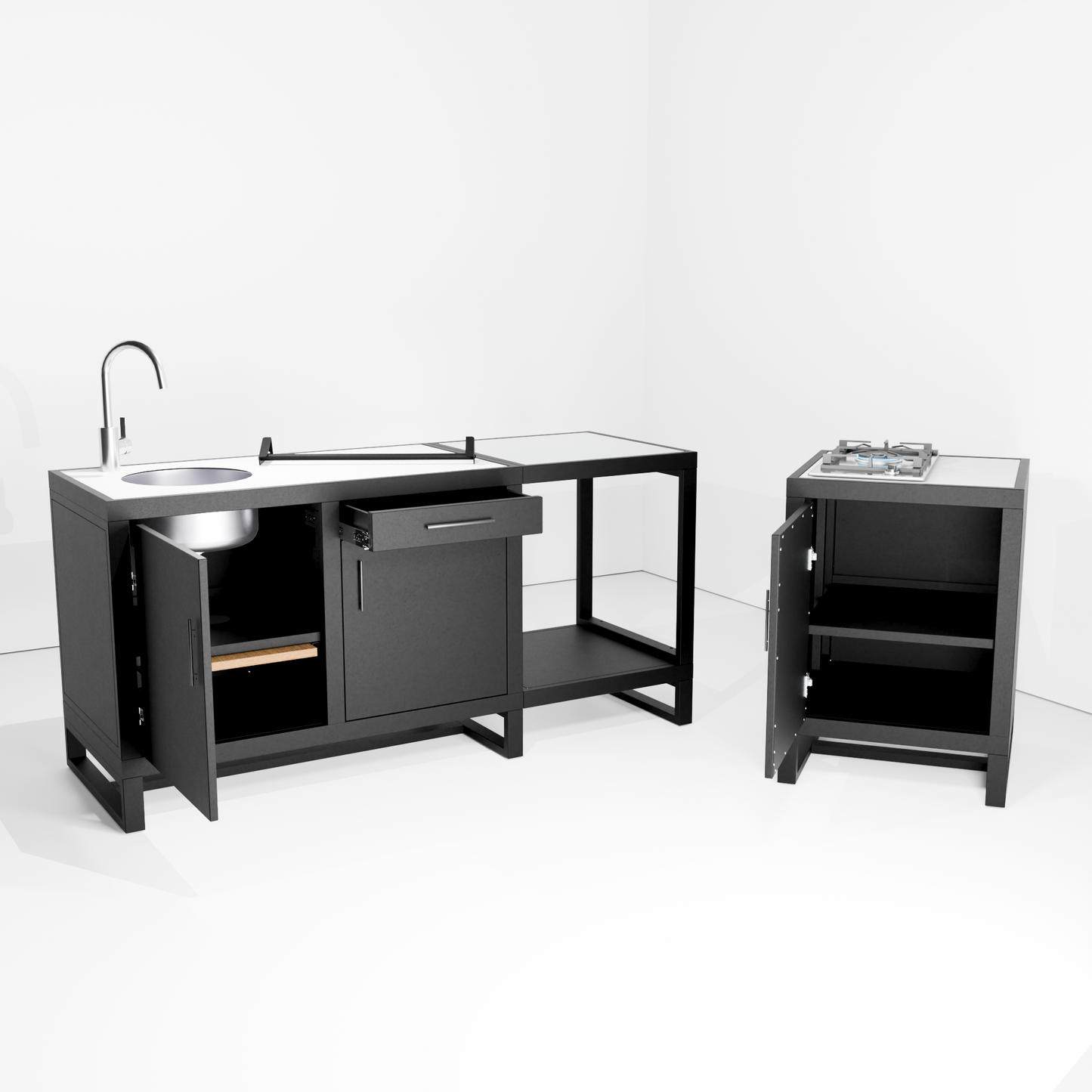 Outdoor Kitchen, L-Shape Double Sink + Single Gas Hob (Pedestal) + Sidekick