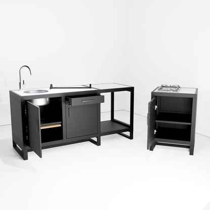 Outdoor Kitchen, L-Shape Double Sink + Single Gas Hob (Pedestal) + Sidekick